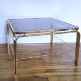 Coffee table glass smoked metal gilded Italian design 80s stamped