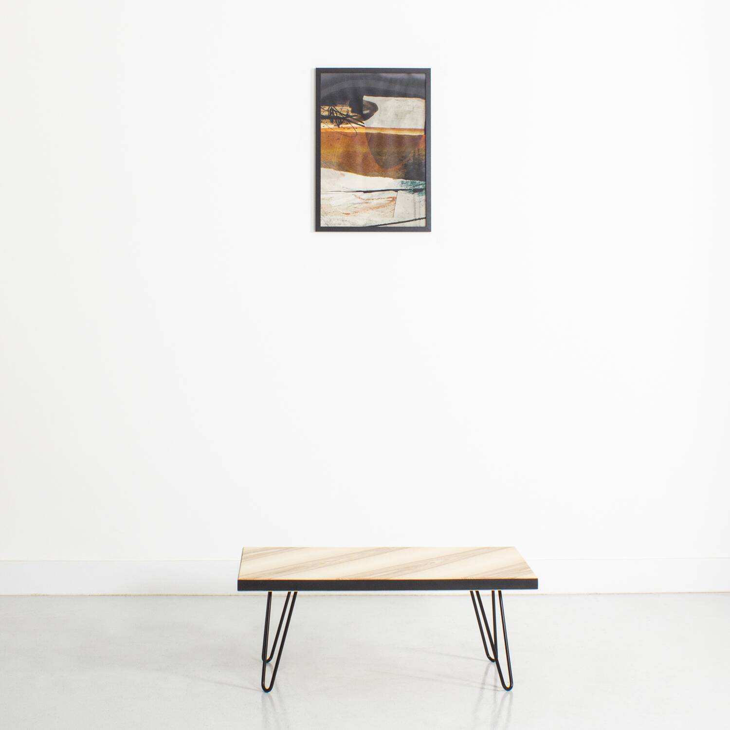 Olive ash coffee table with metal hairpin legs