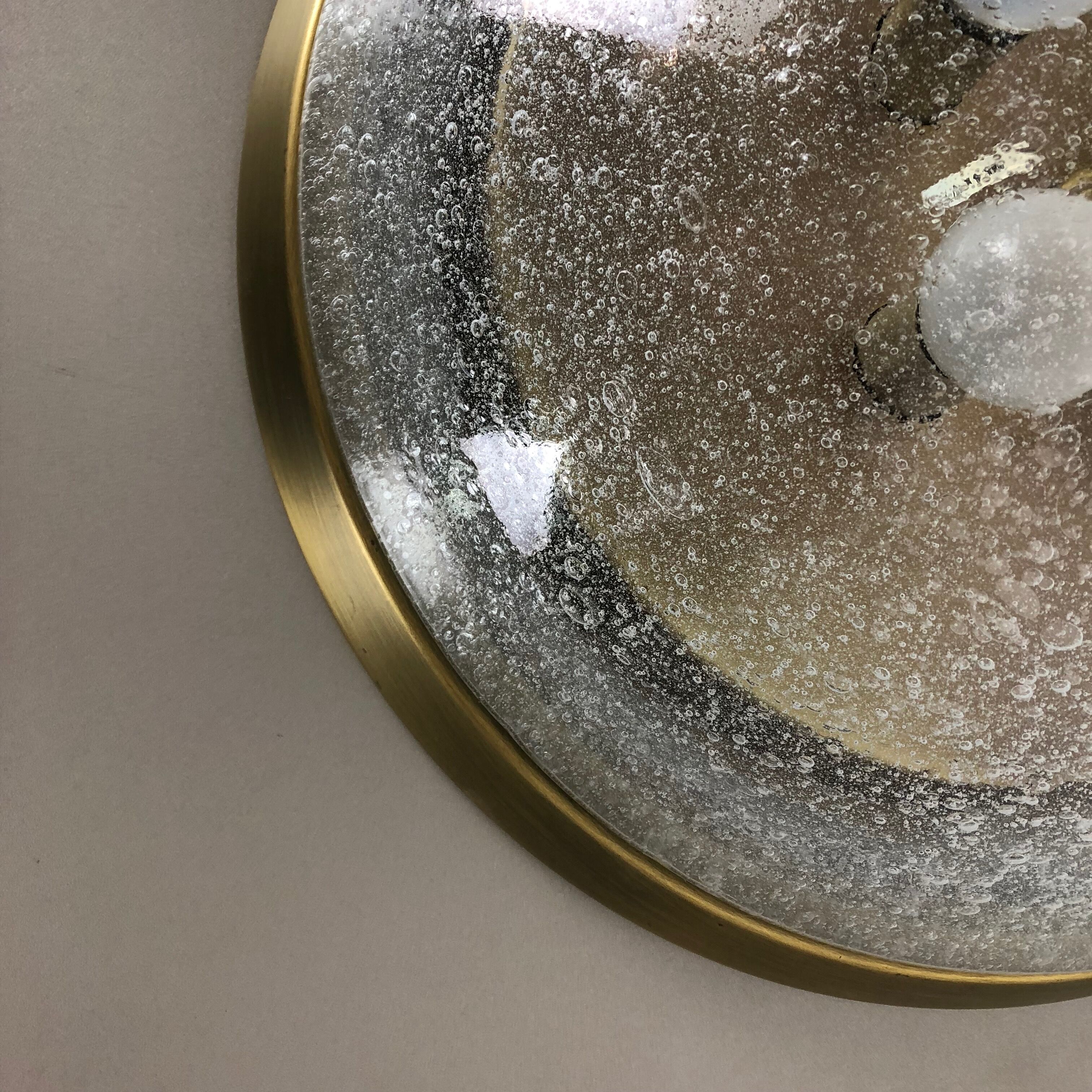 Ice glass bubble brass ceiling light by Hillebrand Leuchten, Germany, 1970s