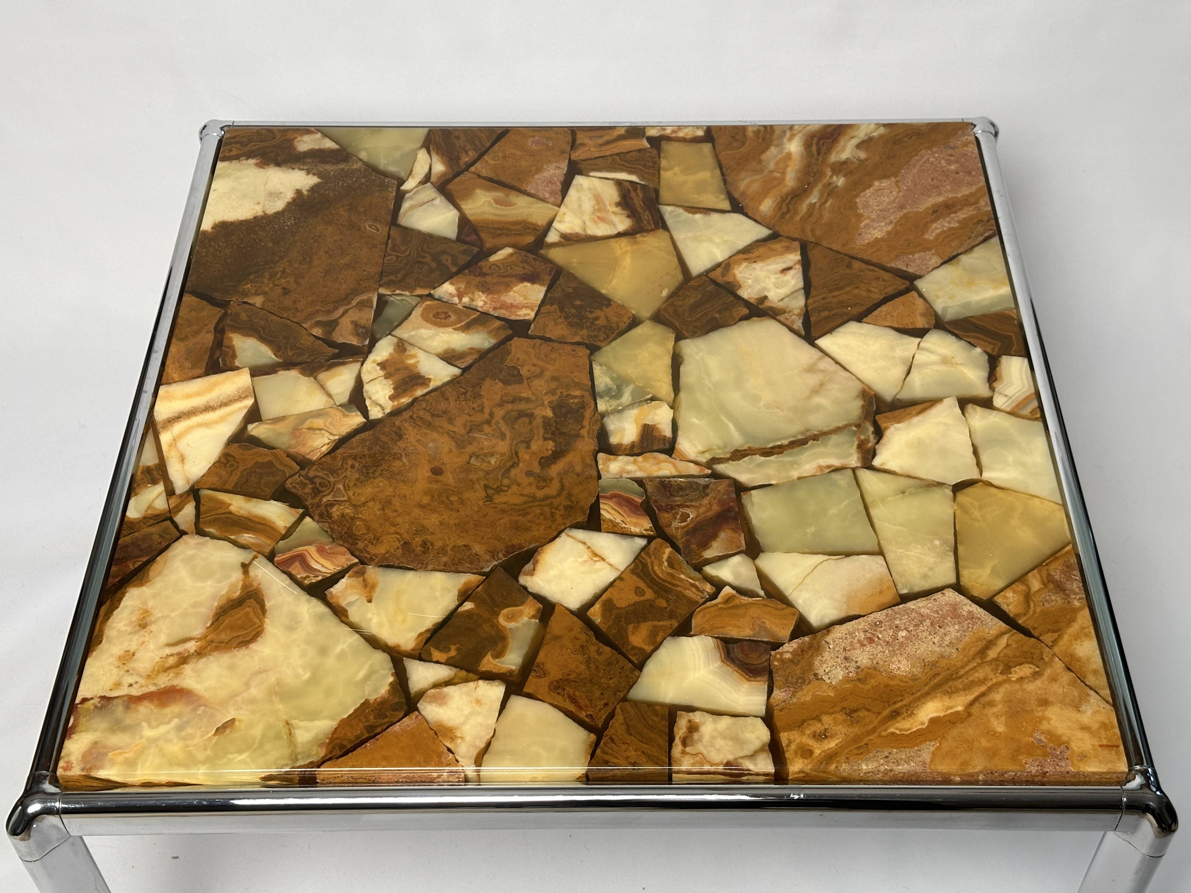 Table basse du milieu du siècle, pierre marbrée beige et chrome, Bauhaus, Allemagne, années 1960