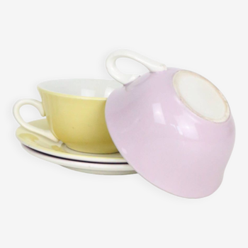 Duo of yellow and purple cups + vintage saucers