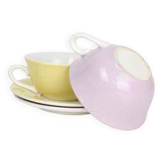 Duo de tasses jaunes et violettes + sous tasses vintage