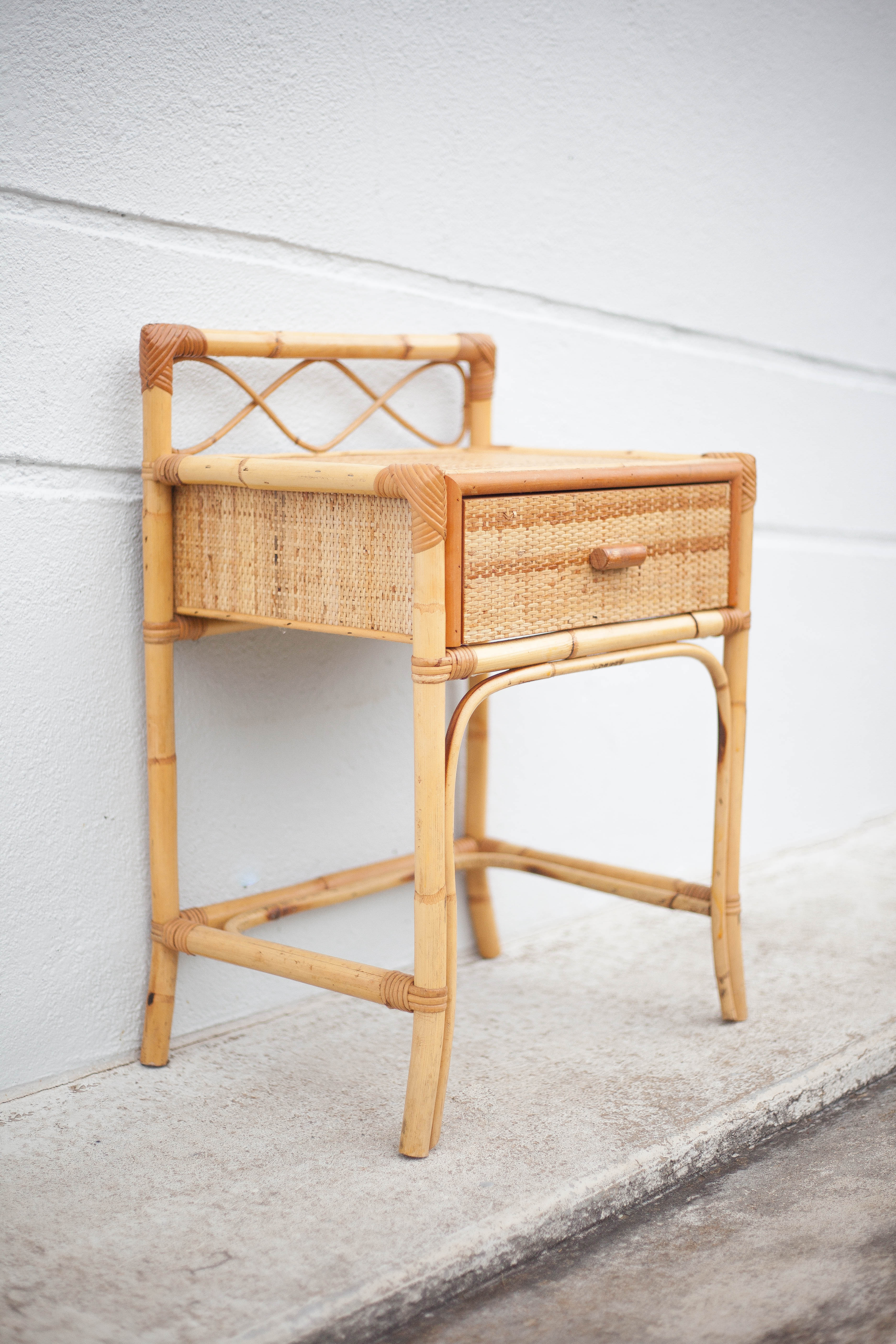 Rattan bedside table, wicker nightstand, end of sofa, interior decoration