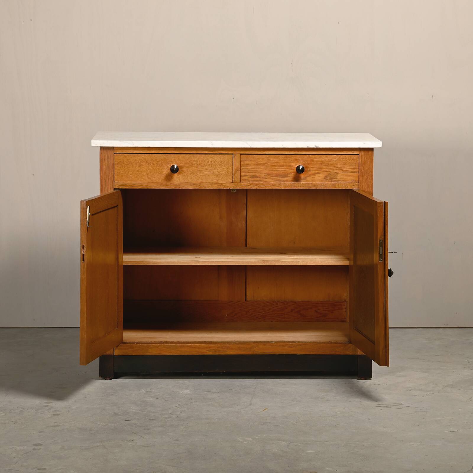 Art Deco Amsterdam School Cabinet Sideboard Oak and Marble, 1930s Netherlan