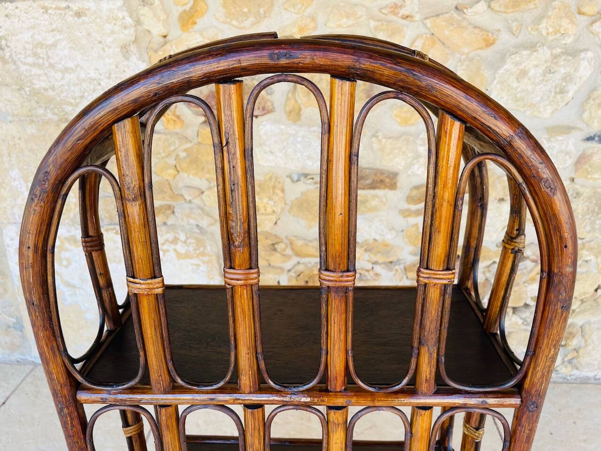 Vintage two-tier bamboo and rattan shelf with storage, Circa 1960