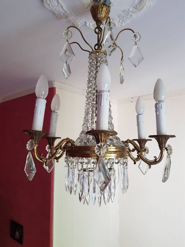 Lustre montgolfière 6 feux en bronze et pampilles en cristal, fin XIXème