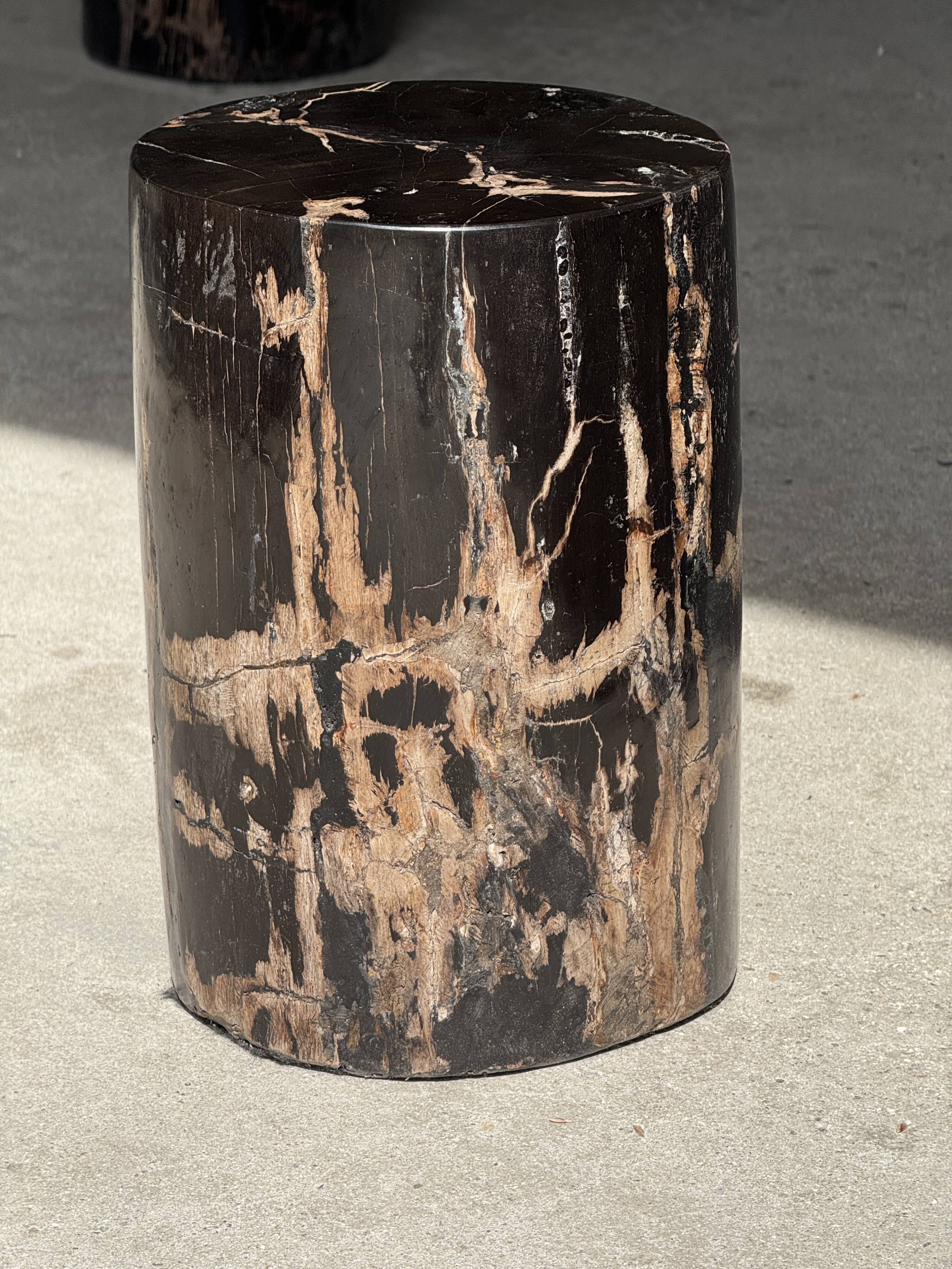 Small side table in black petrified wood with stripes and beige bottom H28.