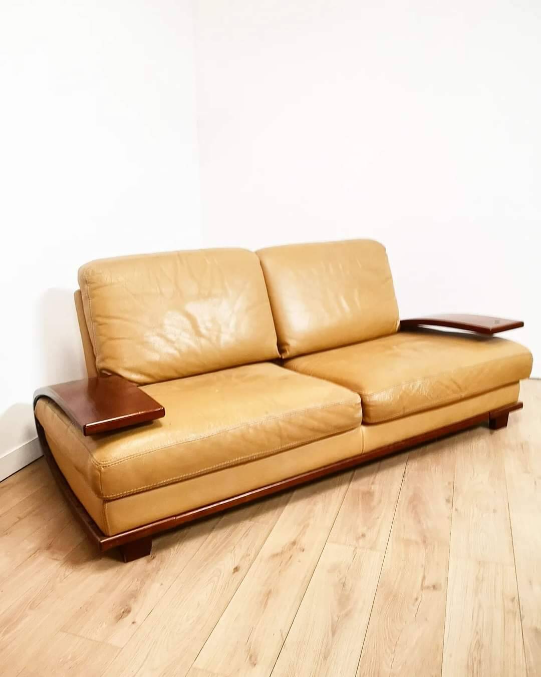 Vintage Italian leather and wood sofa