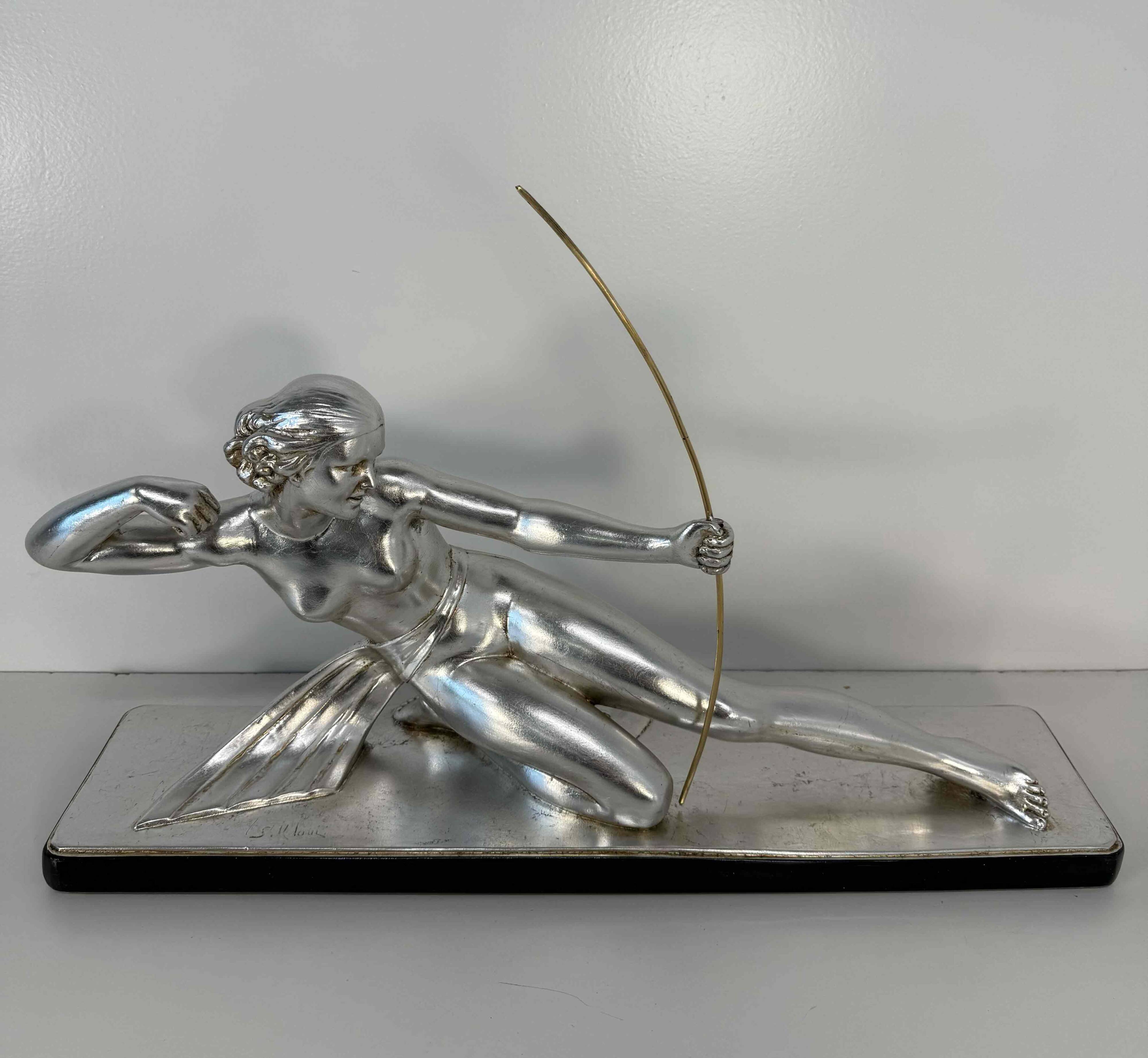 Diana the Huntress Art Deco Silver Leaf Sculpture by Salvatore Melani, 1930
