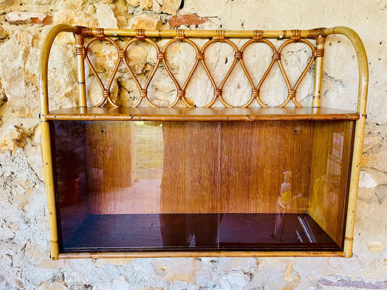 Vintage rattan and bamboo wall shelf with glass door cabinet, 1960s