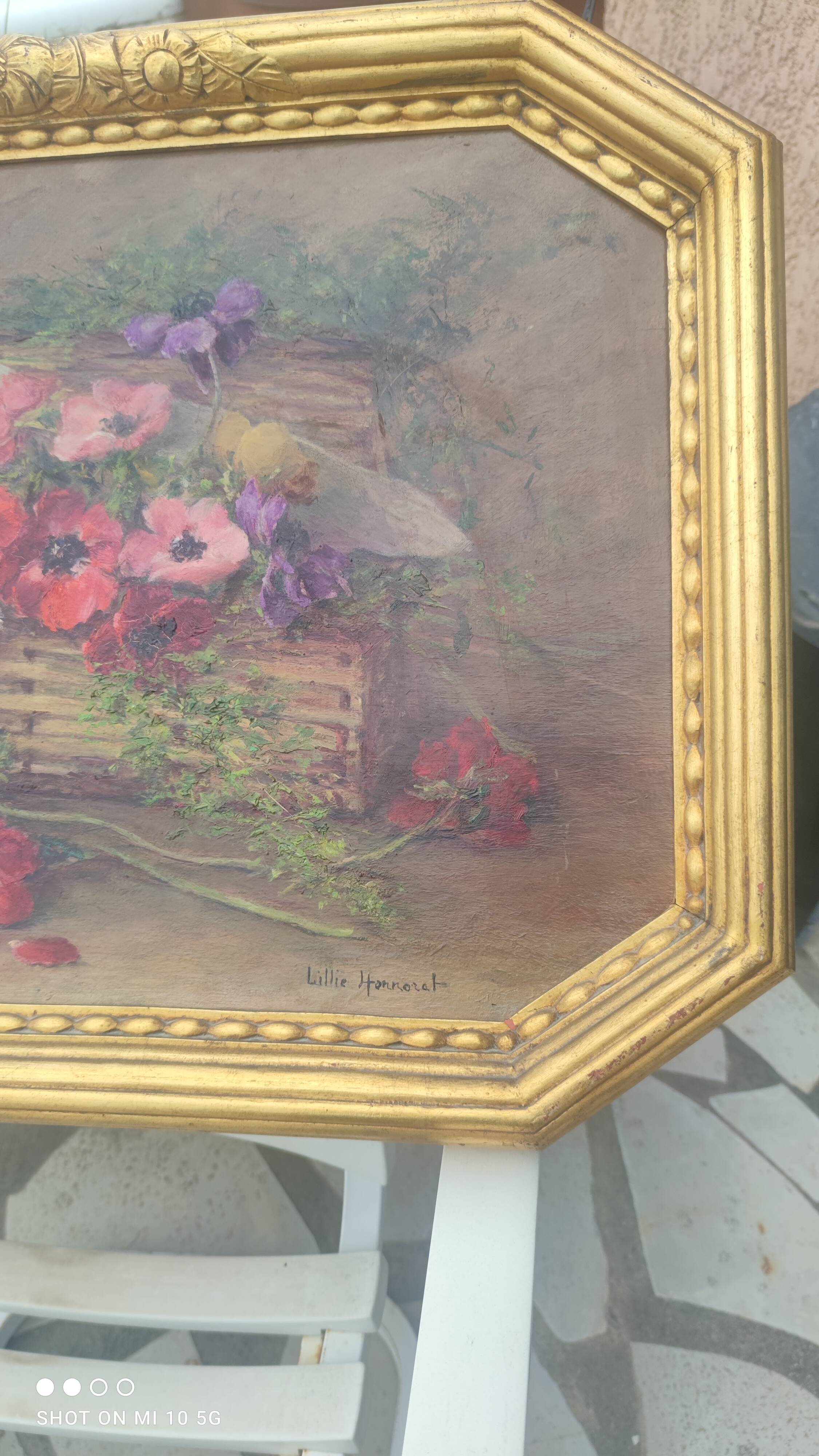 Still life painting, bouquet of flowers, oil on wood by Lillie Honnorat