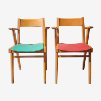 Paire de chaises bois et skaï des années 50, chaises vintage, chaise avec accoudoirs, rétro