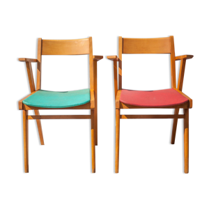 Paire de chaises bois et skaï des années 50, chaises vintage, chaise avec accoudoirs, rétro