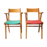 Pair of wooden and skai chairs from the 50s, vintage chairs, chair with armrests, retro