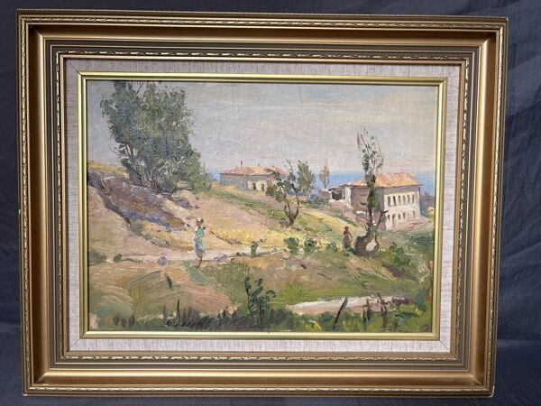 Tableau, huile sur carton ''Paysage Provence Italie Méditerranée'' Caucase Sokolov