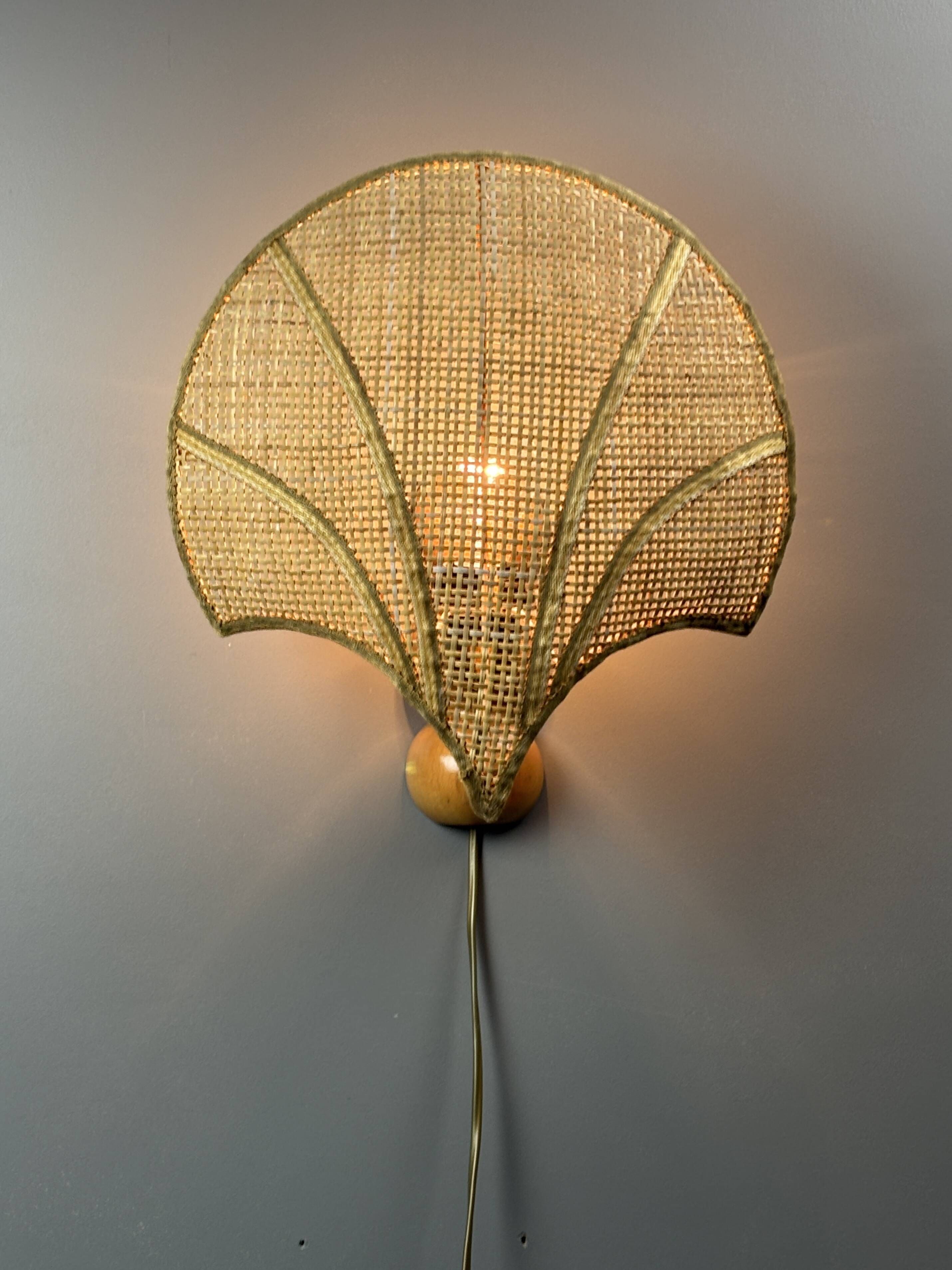 Pair midcentury Italian rattan wicker pine brass scallop wall sconces 1970s