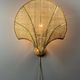 Pair midcentury Italian rattan wicker pine brass scallop wall sconces 1970s