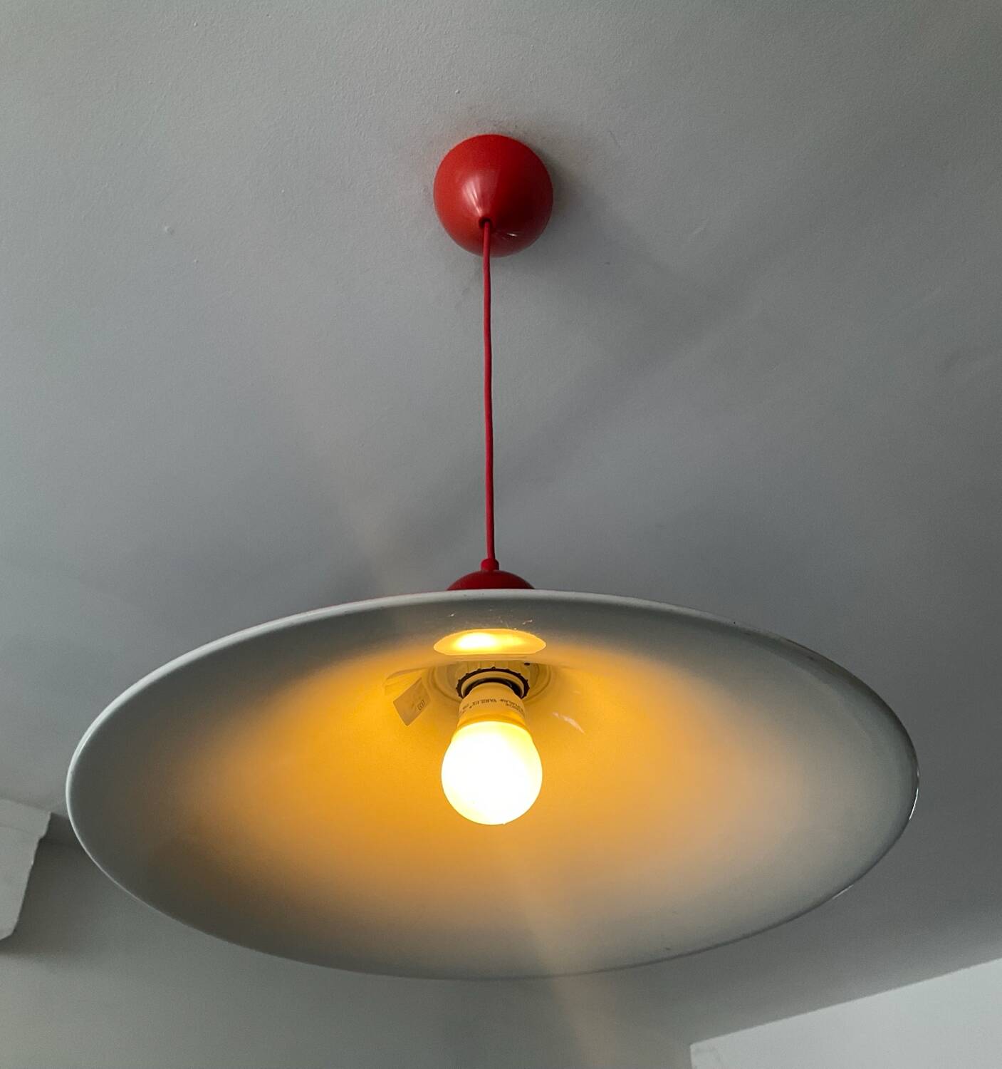 Space Age red metal saucer pendant light from the 70s-80s