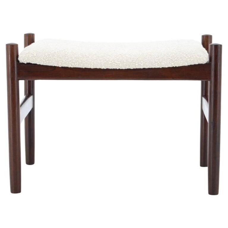 1960s Mid-Century Danish Modern Refurbished Wood Stool in White Bouclé