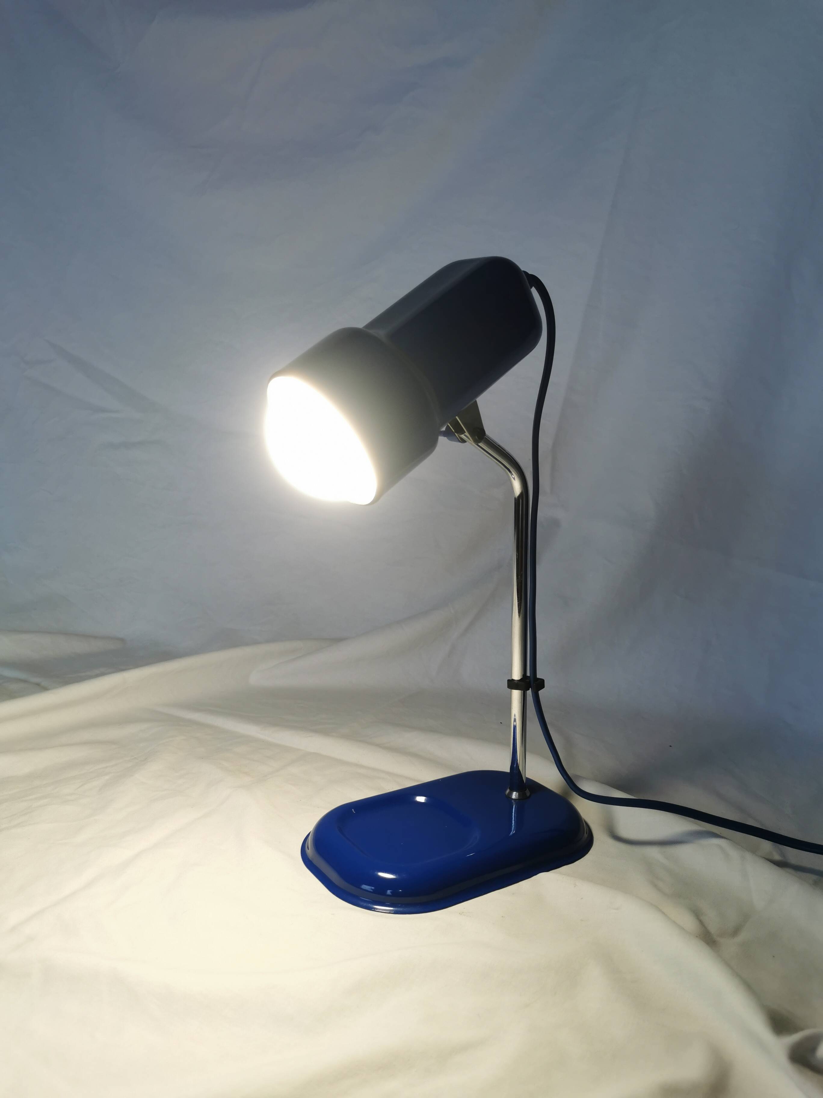Blue and chrome adjustable spot desk lamp, Vrieland Design, Netherlands, 1970s