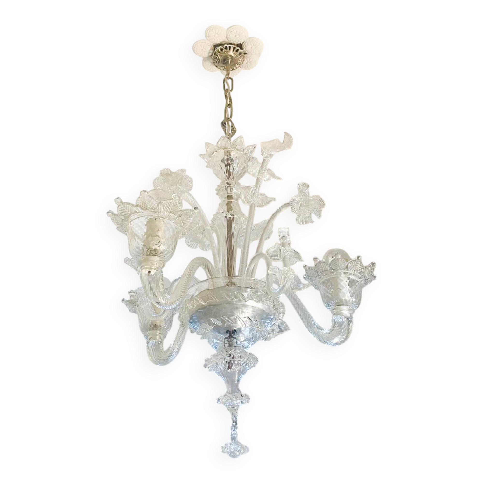 Lustre authentique en verre de Murano – 3 branches – Transparent