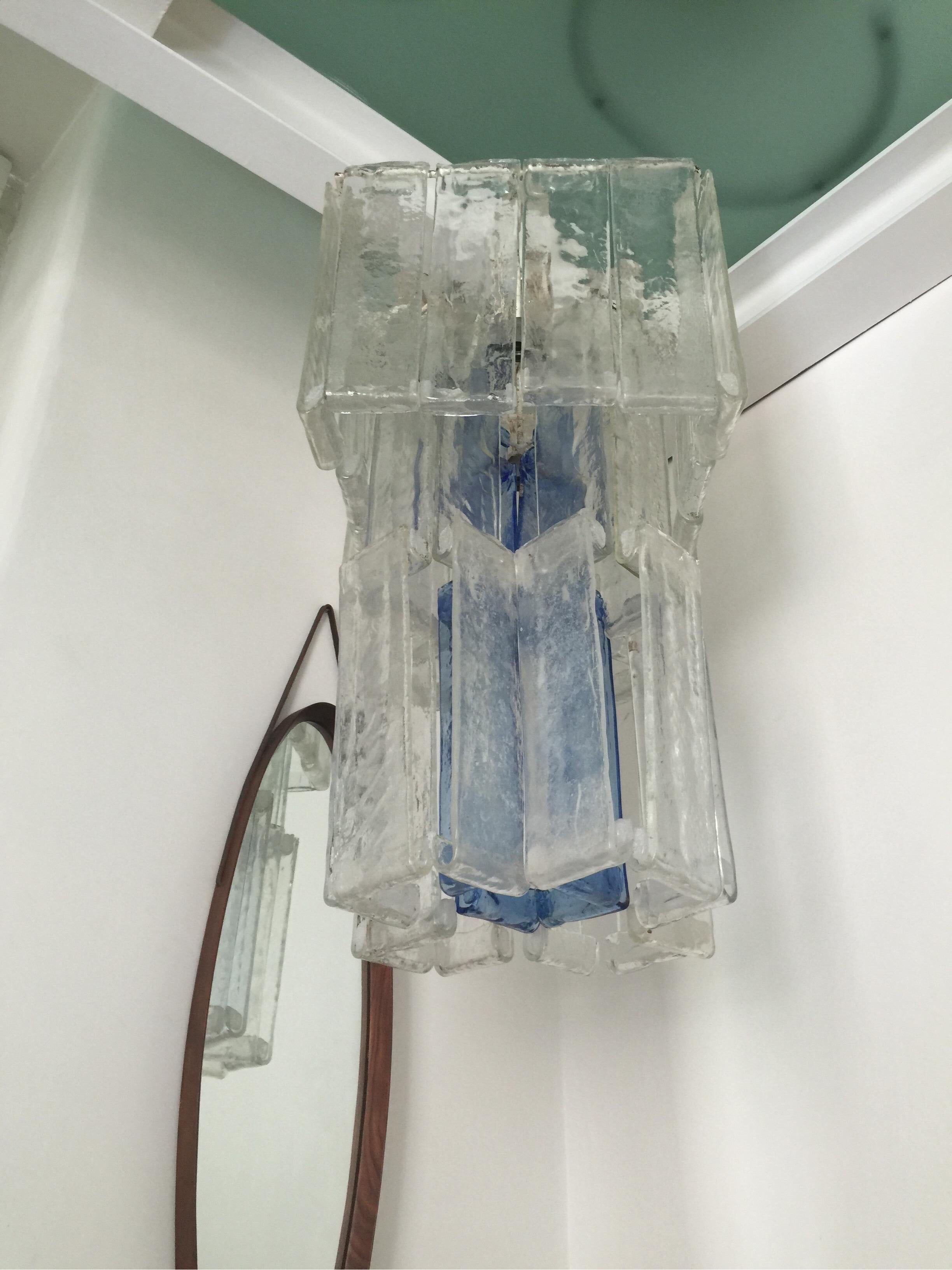 Lustre en verre clair et bleu de Fratelli Toso Murano années 1970