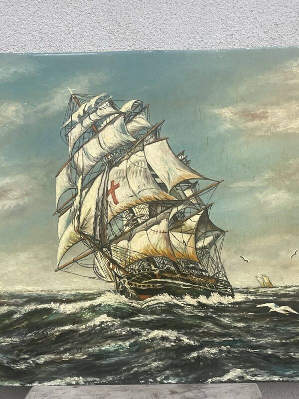 Huile sur panneau galion par rene mary marine 89 x 45 cm