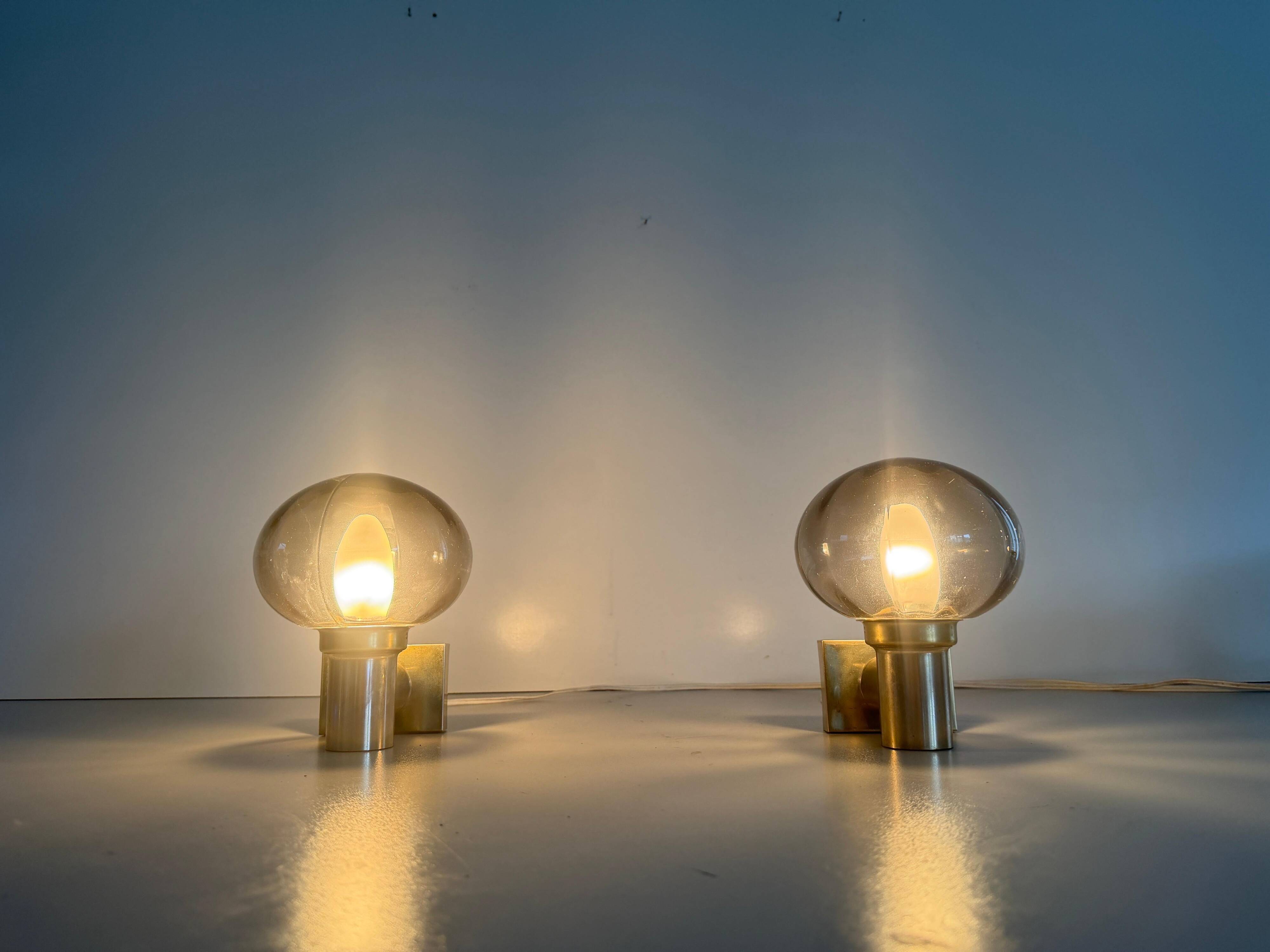 Pair of grey glass and chrome wall lights from the mid-century by N Leuchten, 1960s, Germany.