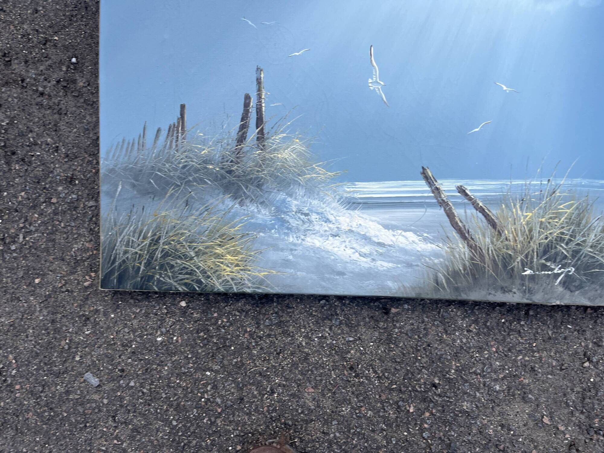 Marine landscape tableau – Dunes and seagulls by the sea – Signed painting