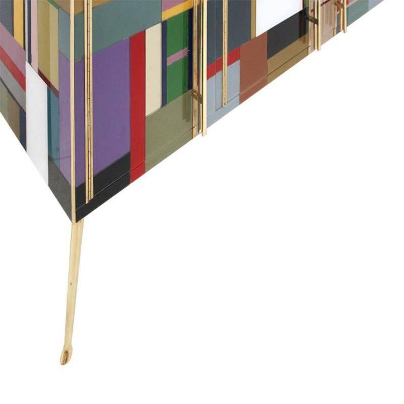 Mid-Century Style Sideboard, Newly Retrofitted in Colored Glass an Brass, Italy