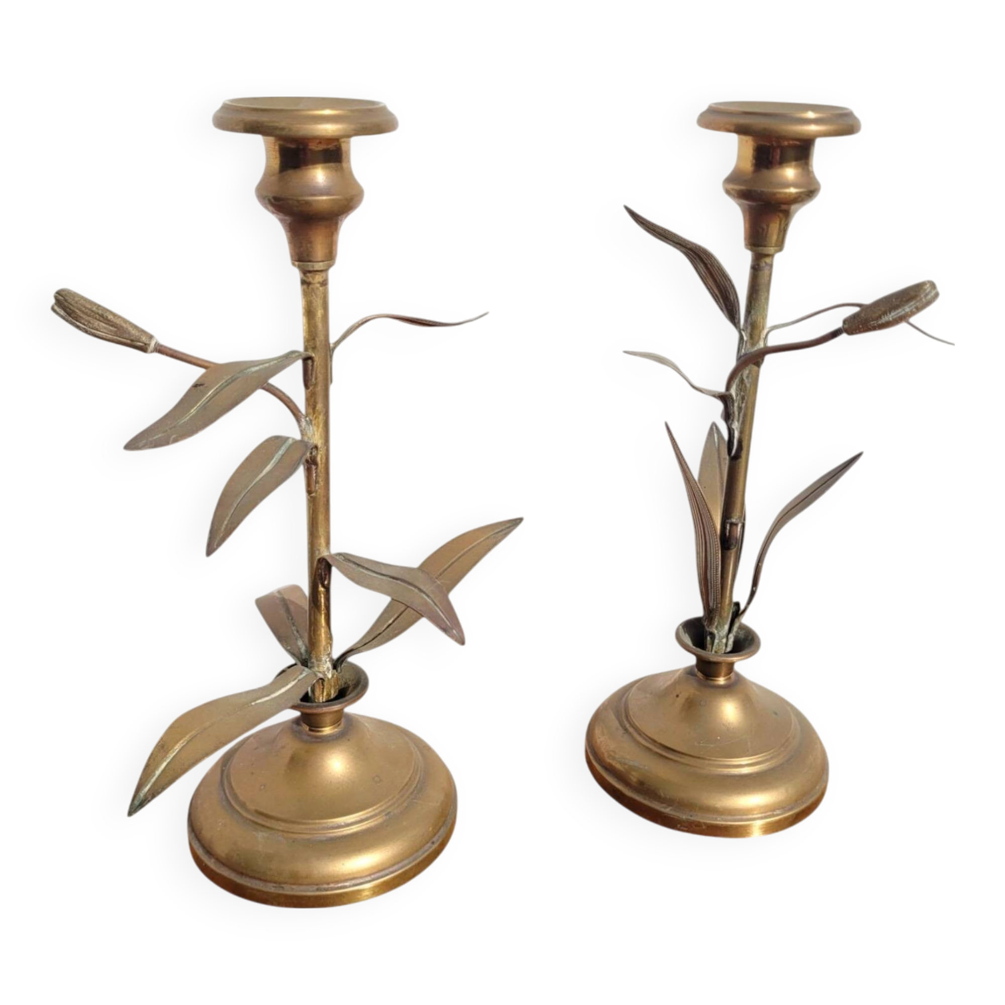 Pair of brass candlesticks with plant decoration