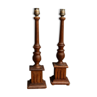 Pair of turned wooden baluster lamps