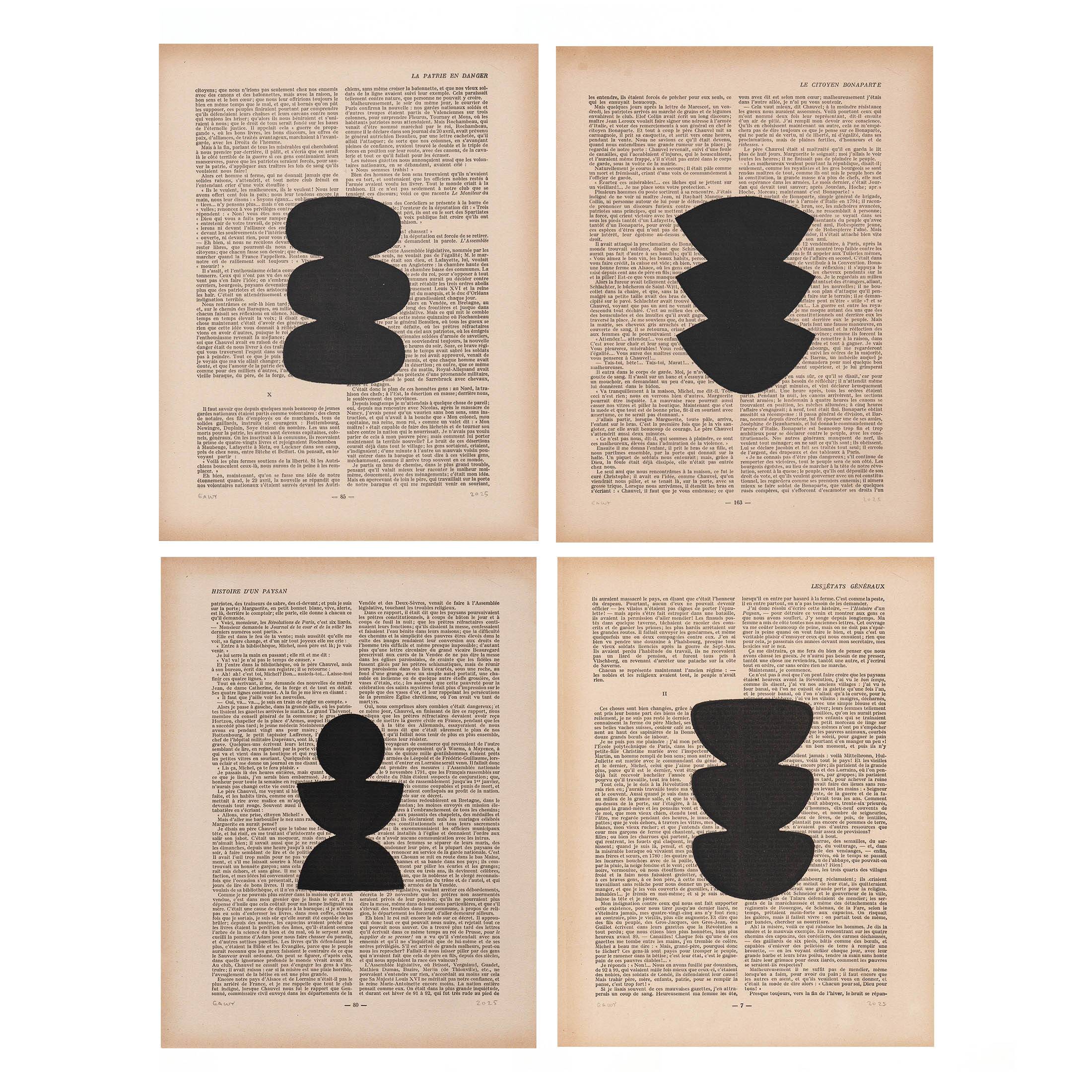 Collection of paintings on old book page - 4 abstract paintings signed Eawy