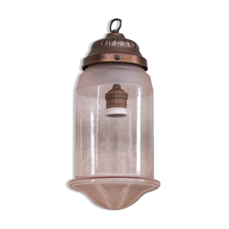 Suspension antique en verre rose et laiton