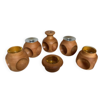 6 bougeoirs et vase en bois Nopjes houtdraaiwerk fait main