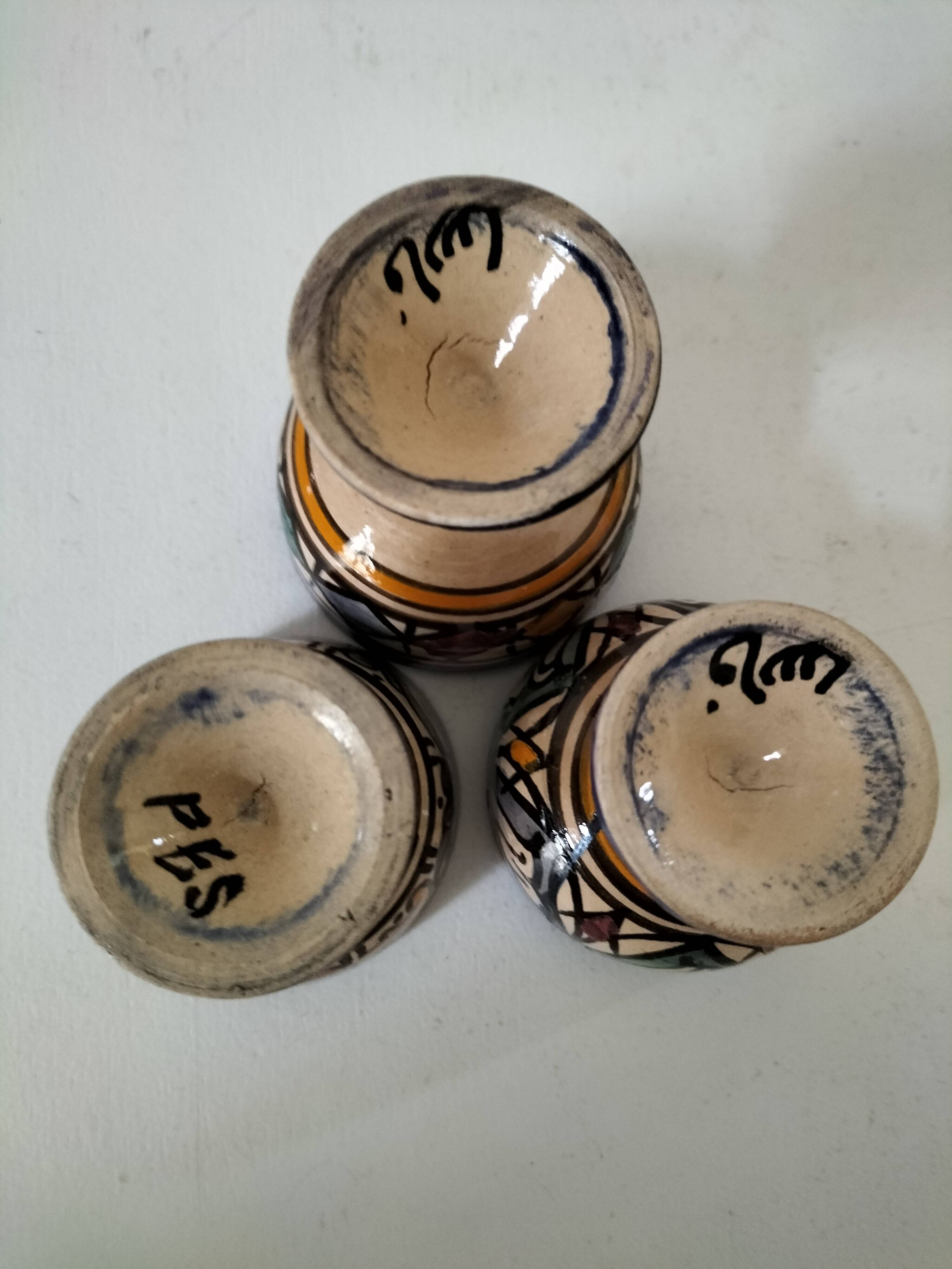 Trio of Moroccan ceramic egg cups from Fez, stamped
