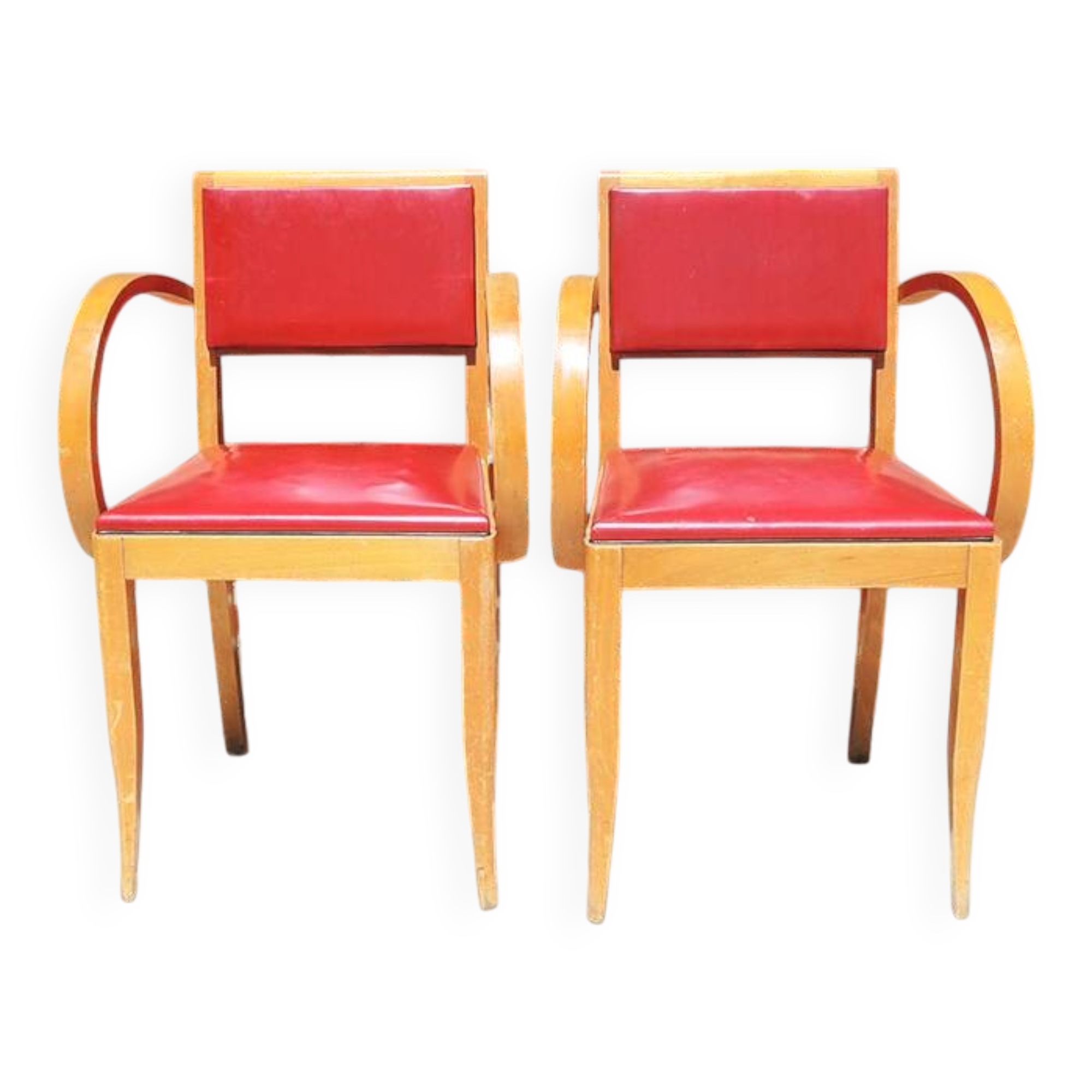 2 anciens fauteuils bridge bois & skai rouge
