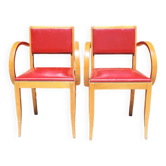 2 anciens fauteuils bridge bois & skai rouge