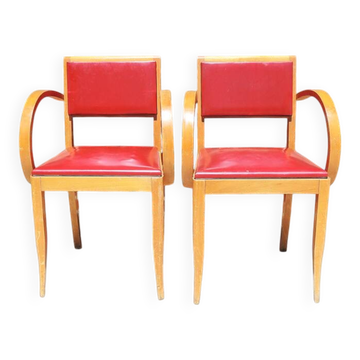 2 old bridge chairs in wood & red skai
