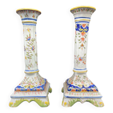 Candlesticks, square base, 19th century, Fourmaintraux, Desvres, flower decoration, scrolls, lambrequins, trellis