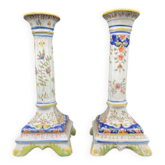 Candlesticks, square base, 19th century, Fourmaintraux, Desvres, flower decoration, scrolls, lambrequins, trellis
