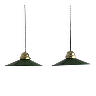 PAIR OF OLD ENAMELLED WORKSHOP SUSPENSIONS