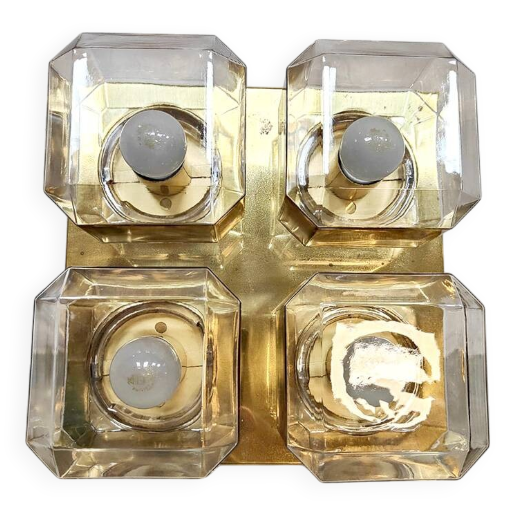 Vintage brass square flush mounts glass ceiling lamp Glashütte Limburg