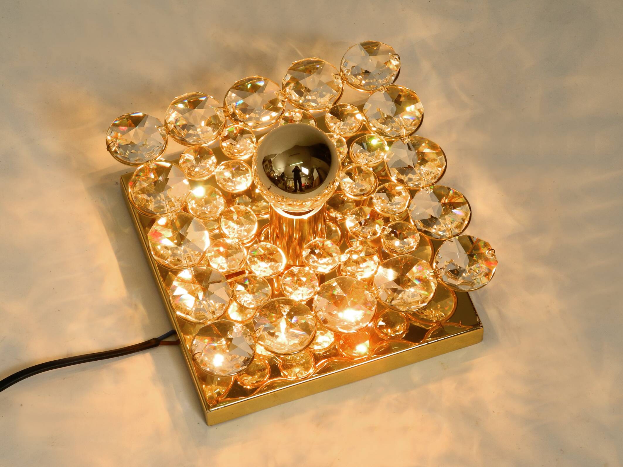 Small 70s Palwa brass ceiling or wall lamp with faceted crystal stones