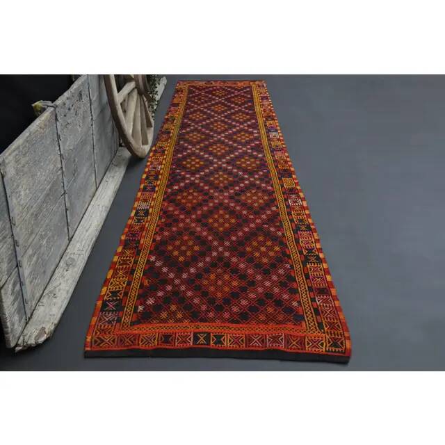 Vintage Turkish Oushak Handmade Wool Cotton Red Runner Rug 115x470