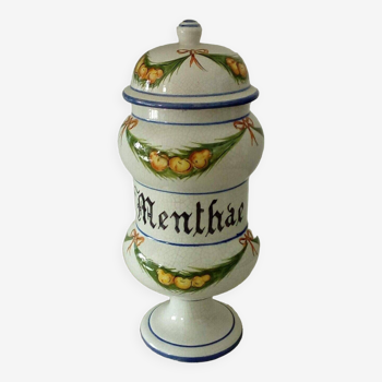 FAIENCE MEDICINE JAR CRACKED APOTHECARY"MINT" 20 TH