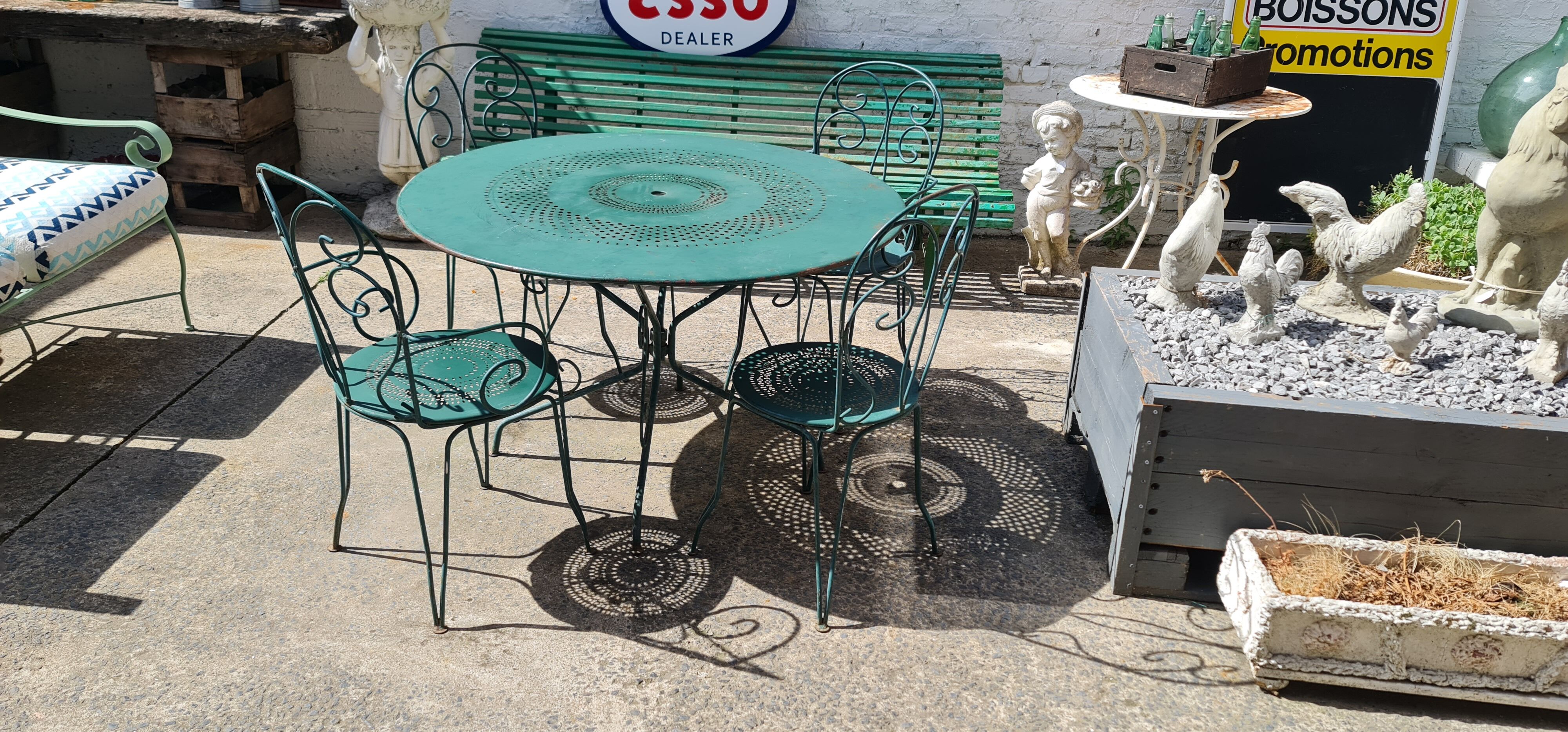 Garden furniture green wrought iron table two chairs and two armchairs