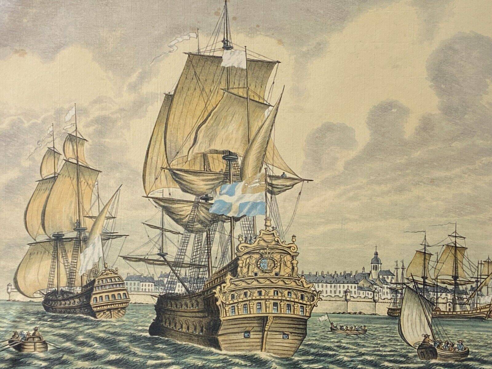 Lithograph view of Saint Malo 17th century with sailboats signed Daniel Derveaux