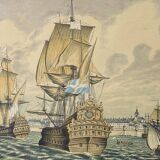 Lithograph view of Saint Malo 17th century with sailboats signed Daniel Derveaux
