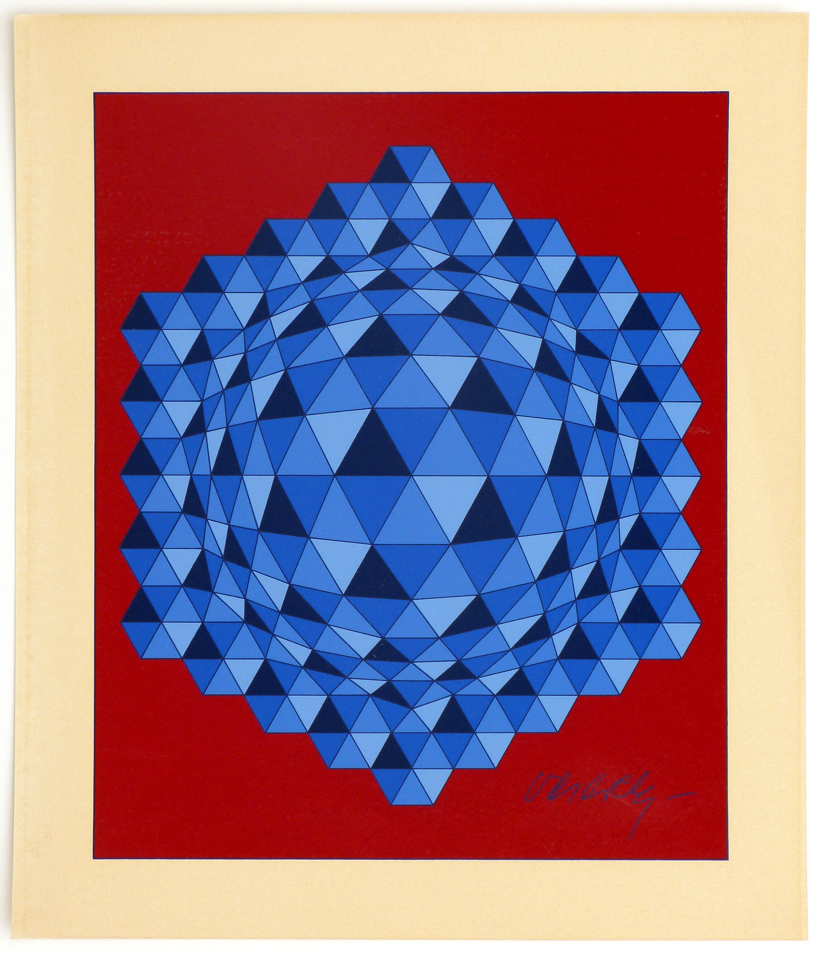 Sérigraphie originale signée à l'encre bleue Victor Vasarely "hexa triangle" circa 1970